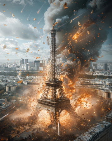 Amidst the opulence and elegance of Parisian architecture, a surreal apocalyptic scene unfolds The iconic Eiffel Tower bursts into an explosion of fire, sending a towering plume of smoke that obscures the clear blue sky The surrounding buildings, once vibrant and majestic, stand as desolate silhouettes against the backdrop of the inferno, casting an eerie and haunting atmosphere over the once-vibrant city AI Generativeの素材