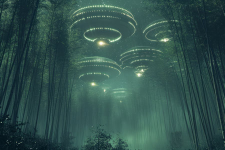 Witness the enigmatic encounter in a misty forest, where mysterious disk-shaped objects hover above dense trees in an ethereal atmosphere Amidst a night shrouded in thick fog, the captivating moment unfolds, leaving a lingering intrigue as to the nature of these unidentified celestial visitors AI Generativeの素材