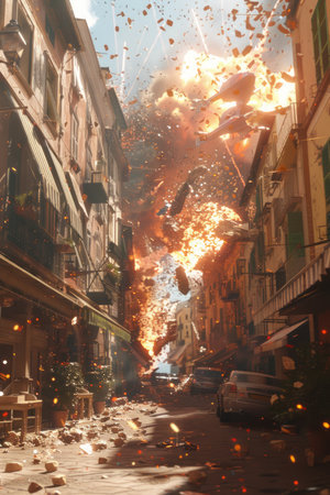 Witness the raw power of an urban explosion captured in stunning high resolution The deafening blast decimates buildings, sending plumes of smoke and flames into the sky Amidst the chaos, structural integrity crumbles, leaving behind a shattered cityscape and a haunting reminder of the immense force of destruction AI Generativeの素材
