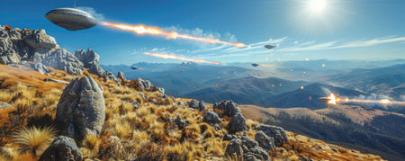Witness an awe-inspiring clash in the heavens as enigmatic UFOs dance amidst the fiery skies, casting an ethereal glow upon the majestic mountain peaks The radiant sunlight illuminates the spectacle, creating an unforgettable cosmic tapestry that transcends imagination AI Generativeの素材