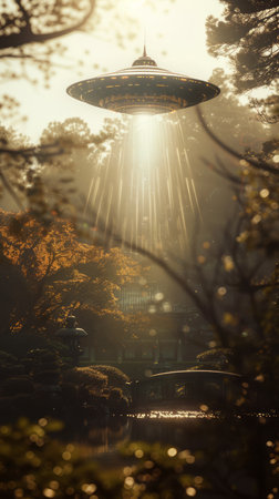 In an ancient enchanted forest, a mysterious UFO hovers amidst towering trees, its metallic hull bathed in ethereal golden sunlight Soft, glowing lights emanate from the craft, casting an otherworldly glow on the vibrant flora below Verdant ferns, exotic flowers, and majestic oaks create a surreal tapestry, conjuring a sense of wonder and the unknown AI Generativeの素材