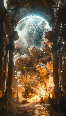 Witness the architectural grandeur and the fury of flames in this remarkable image A historical cathedral engulfed in a dramatic explosion, its intricate stonework juxtaposed against the intense fiery blaze This breathtaking capture encapsulates the monumental event, offering an intimate glimpse into the clash of history and destruction AI Generativeの素材