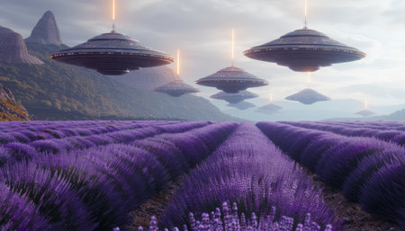 Witness the extraordinary spectacle of enigmatic glowing UFOs suspended above the fragrant lavender fields nestled in a tranquil mountain valley As the sun dips below the horizon, a celestial symphony unfolds, casting an ethereal glow on the scene The UFOs hover effortlessly, their futuristic forms illuminating the lavender sea, creating an enchanting and awe-inspiring spectacle AI Generativeの素材