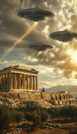 An enigmatic sight unfolds as the Parthenon, an enduring symbol of ancient architectural prowess, plays backdrop to a celestial spectacle In the fading glow of sunset, UFOs hover serenely above, their sleek silhouettes casting an otherworldly aura upon the hallowed grounds This surreal moment seamlessly blends the timeless reverence of history with the boundless possibilities of the future, evoking wonder and awe AI Generativeの素材