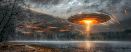An enigmatic UFO hovers over a misty forest near a secluded lake under a dramatic evening sky The surreal scene is illuminated by an ethereal beam of light emanating from the unidentified object, casting an otherworldly glow upon the ancient trees and tranquil waters AI Generativeの素材