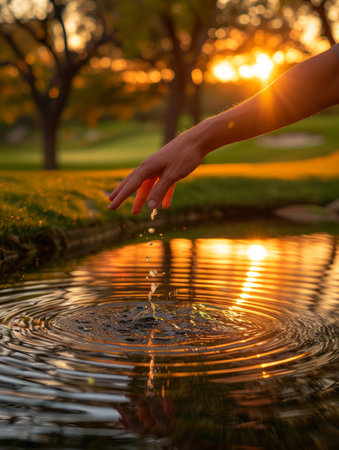 Capture the serenity of a summer evening with this striking image A solitary hand gently grazes the water&#39;s surface, creating ripples that dance in the golden light of the setting sun The tranquil park setting provides a peaceful backdrop, while the gentle breeze creates a mesmerizing effect on the water This evocative photo conveys a sense of tranquility and connection with nature that will captivate viewers AI Generativeの素材