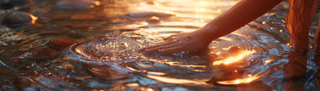 **Immerse in Serenity at Sunset:**
Feel the tranquility as a gentle touch caresses the glassy surface of a serene pool Bathed in the golden glow of sunset, the moment evokes a profound connection with nature and the calming embrace of the fading day AI Generativeの素材