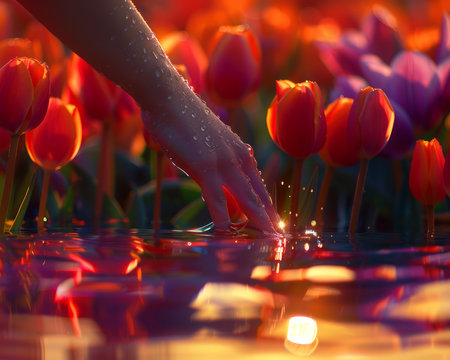 A delicate hand gracefully caresses the tranquil surface of a crystal-clear pond, nestled amidst a vibrant tapestry of blooming tulips The mesmerizing hues of the setting sun cast a golden glow upon the enchanting garden, creating an ethereal ambiance that captivates the beholder The gentle touch of the hand evokes a profound sense of serenity and connection to the natural world AI Generativeの素材