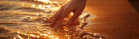 Immerse yourself in the tranquility of a serene sunset as a gentle hand grazes the calm shoreline, casting an ethereal shadow against the rippling water Bathed in the golden glow of twilight, this scene captures the essence of serenity and the beauty of nature&#39;s ephemeral moments AI Generativeの素材