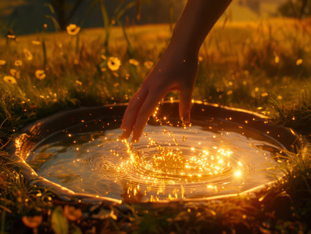 A magical moment unfolds in a tranquil meadow, where the sun&#39;s fading rays cast a warm glow upon a sparkling stream A ethereal hand, adorned with intricate markings, gently touches the water&#39;s surface, sending ripples of light shimmering across its crystalline depths The air is alive with tranquility, as nature&#39;s gentle symphony plays in the background This enchanting scene encapsulates the beauty and wonder of the natural world AI Generativeの素材