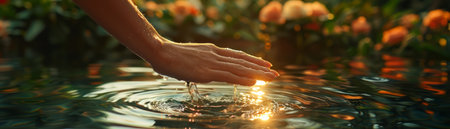 Immerse yourself in the serene tranquility of a sun-kissed garden, where a gentle hand caresses the sparkling water surface Vibrant blooms unfurl in vibrant hues, creating a picturesque backdrop for this enchanting moment The warm sunlight dances upon the water, casting iridescent reflections that shimmer and dance This serene image captures the essence of summer&#39;s embrace, inviting viewers to experience the pure joy of a gentle touch in a blooming oasis AI Generativeの素材