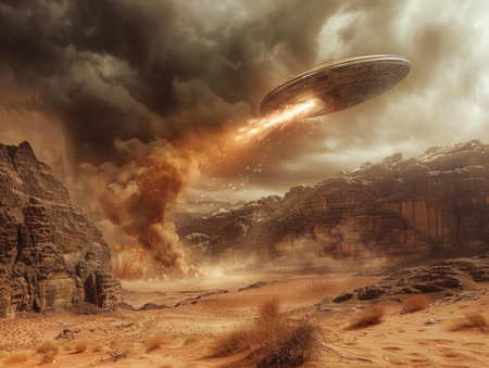 In a desolate desert, a colossal alien spaceship descends through a swirling dust storm The rocky landscape transforms into an ethereal backdrop as the craft illuminates the surroundings with an otherworldly glow Dust particles dance around its sleek silhouette, creating a sense of mystery and anticipation The arrival of extraterrestrial life marks an extraordinary moment in the annals of science fiction and the unknown AI Generativeの素材