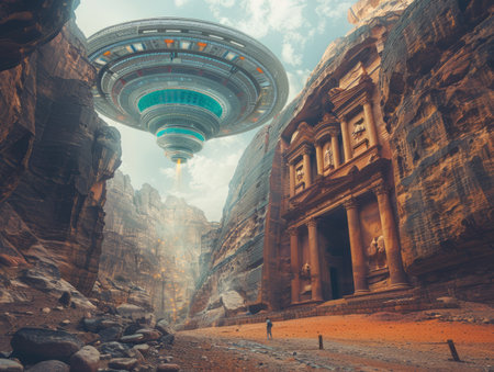 In the heart of a desolate canyon, where ancient ruins echo the passage of time, a surreal spectacle unfolds A colossal flying saucer, its sleek silhouette shimmering with advanced technology, hovers above the weathered stone structures The contrast between the remnants of a bygone era and the soaring vessel of the future creates a captivating juxtaposition, showcasing the enduring resilience of history and the boundless potential of innovation AI Generativeの素材