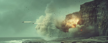 Witness the breathtaking moment as a missile makes impact on a towering coastal cliff Smoke, debris, and fire erupt in a colossal explosion, dramatically altering the landscape The once-serene seascape is now a canvas of chaos and destruction, capturing the raw power and devastation of modern warfare AI Generativeの素材