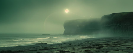 An ethereal coastal scene unfolds under a verdant sky Morning mist gently caresses the landscape, creating a mystical ambiance As the sun peeks over the distant cliffs, it casts a warm glow upon the misty coastline Jagged rocks and rolling waves add depth and drama to this captivating seascape, evoking a sense of mystery and enchantment AI Generativeの素材