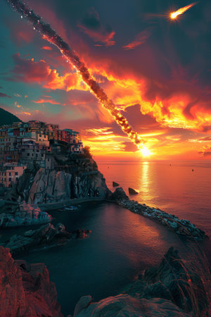 A picturesque coastal town basks in the golden glow of sunset, as a mesmerizing meteor shower paints the sky above The radiant streaks of light dance across the heavens, casting a spellbinding ethereal glow upon the serene ocean waters below This captivating natural phenomenon blends seamlessly with the tranquil coastal scene, creating a breathtaking and awe-inspiring spectacle AI Generativeの素材