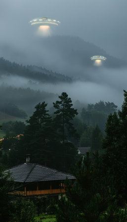 In the eerie stillness of a moonless night, enigmatic UFOs descend upon a misty forested mountain range Their otherworldly glow illuminates the thick fog, casting an ethereal spell on the surrounding landscape The silent presence of these celestial visitors creates a sense of awe and intrigue, leaving the viewer yearning for an explanation amidst the captivating nocturnal display AI Generativeの素材