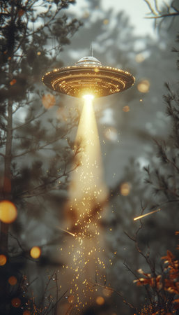 Immerse yourself in the enigmatic realm of a mysterious UFO sighting deep within a shadowy forest A captivating image unveils an unidentified spacecraft hovering amidst the towering trees, its radiant light beam piercing through the foliage This ethereal encounter, captured in breathtaking detail, invites you to contemplate the profound possibilities of an extraterrestrial presence among us AI Generativeの素材