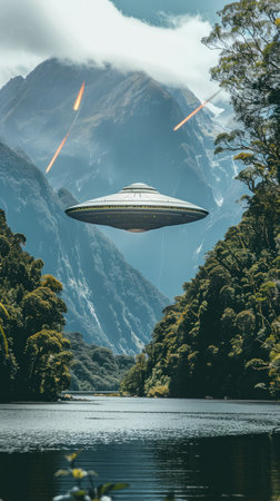 A breathtaking spectacle unfolds in a serene mountain landscape as a dazzling UFO hovers majestically above a tranquil lake Majestic mountains encircle the scene, their snow-capped peaks piercing the sky Ancient trees stand as silent witnesses, their branches reaching towards the heavens As the sun sets, casting an ethereal glow over the scene, fireballs descend from the sky like celestial fireworks, adding an element of mystery and wonder to this extraordinary extraterrestrial encounter AI Generativeの素材