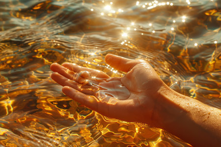 In this captivating image, a serene hand emerges from calm waters, reflecting the golden hues of the setting sun The shimmering water&#39;s surface evokes a sense of tranquility and serenity, while the warm light adds a touch of ethereal beauty This photograph captures the essence of nature&#39;s harmony, inviting viewers to find solace and inspiration in its beauty AI Generativeの素材