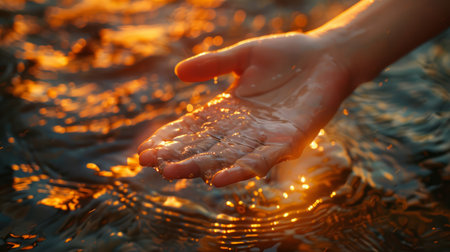 Immerse yourself in the serene beauty of a sunlit stream Capture the ethereal glow as sunlight dances upon the water&#39;s surface, painting it with golden hues Feel the tranquility of gently cupped hands holding the shimmering liquid, embodying the essence of calmness and the purity of nature This breathtaking image invites you to embrace the peace and serenity found in the simplest of moments AI Generativeの素材