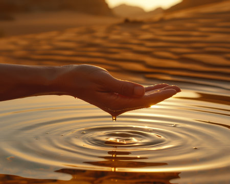 Immerse yourself in the tranquility of a desert oasis, where a gentle hand seamlessly captures the ethereal golden sunset reflections on rippling waters Against the backdrop of an arid landscape, this poignant image embodies the profound balance and harmony between humanity and nature&#39;s beauty AI Generativeの素材