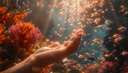 Beneath shimmering waves, an enigmatic hand emerges from the depths, its fingers extended towards a vibrant coral reef teeming with lifeSunlight pierces through the water&#39;s surface, casting ethereal rays upon the marine wonderland A tiny fish, iridescent scales shimmering, swims curiously towards the beckoning hand, creating a captivating moment of connection between human and nature AI Generativeの素材