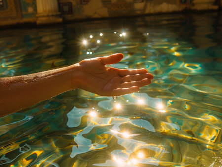 A serene hand reaches out to capture the enchanting dance of sunlight reflections shimmering upon the tranquil water&#39;s surface, immortalizing a moment of breathtaking natural beauty and tranquility AI Generativeの素材