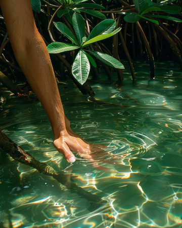A serene moment unfolds as a delicate hand gently submerges into the crystal-clear waters beneath the dappled shade of mangrove roots The interplay of sunlight and water creates a mesmerizing spectacle, capturing the tranquil essence of nature&#39;s embrace This image evokes a profound sense of connection to the environment, inviting viewers to find solace and rejuvenation in its serene beauty AI Generativeの素材