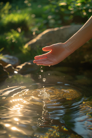 Immerse yourself in the tranquility of this serene image A gentle hand hovers above the glassy surface of a tranquil pond, casting ethereal reflections of nature&#39;s beauty Sunlight bathes the scene, illuminating the delicate ripples and casting a warm glow on the surrounding greenery This intimate capture evokes a sense of peace, harmony, and connection with the natural world AI Generativeの素材