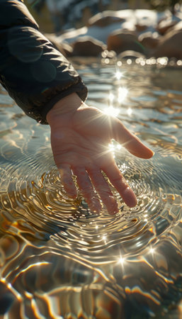 A hand gently grazes the surface of sparkling water, creating ripples that dance and shimmer under the sunlight This enchanting moment captures the serenity of nature and the profound connection between humans and the elements The ripples become a mesmerizing ballet, transcending time and inviting viewers to immerse themselves in the beauty of the scene AI Generativeの素材