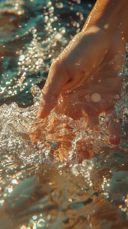 Immerse yourself in the mesmerizing dance of a hand caressing the shimmering surface of water Captured in close-up splendor, every ripple, reflection, and play of light unleashes a world of creative inspiration Witness the beauty of nature&#39;s movements and the transformative power of water in captivating detail AI Generativeの素材