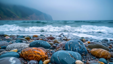 Immerse yourself in the mesmerizing beauty of this coastal landscape Multihued pebbles shimmer under the sun&#39;s golden rays, as gentle waves caress the sandy shore Mist-shrouded cliffs rise majestically in the distance, their rugged contours creating an ethereal backdrop for this enchanting seaside tapestry AI Generativeの素材