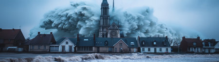 Torrential downpours and towering waves ravage a coastal town, submerging homes, businesses, and a historic church The catastrophic flood underscores the urgent need for climate resilience and preparedness as communities face the increasing severity of extreme weather events AI Generativeの素材