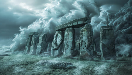 Immerse yourself in the enigmatic embrace of Stonehenge, a timeless monolith shrouded in an ethereal storm As dark clouds gather overhead, casting an ominous spell, the ancient stone circle stands resolute, its enigmatic presence amplified by the celestial drama The clash of nature&#39;s fury and the enduring legacy of human history creates a captivating spectacle that whispers tales of mystery and the indomitable spirit of the past AI Generativeの素材