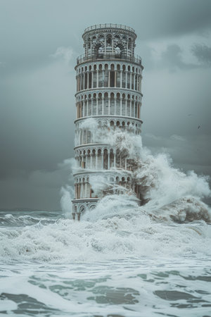 In the swirling ocean&#39;s relentless embrace, the Leaning Tower of Pisa stands defiant: a symbol of resilience and timeless beauty Its iconic silhouette, etched against the wild waves, evokes a sense of wonder and awe As the stormy seas rage around its base, the tower remains unyielding, a testament to the indomitable spirit that has weathered centuries of nature&#39;s fury AI Generativeの素材