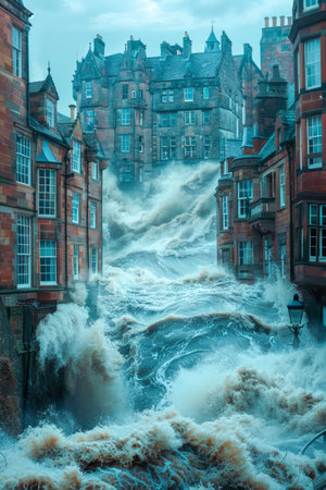 An extraordinary spectacle unfolds before our eyes as raging floodwaters engulf an ancient cityscape Amidst towering structures and fiery skies, nature&#39;s wrath is on full display The once-tranquil streets are transformed into a swirling vortex, carrying away everything in its path The image is a stark reminder of the raw power of nature and the fragility of human constructs AI Generativeの素材