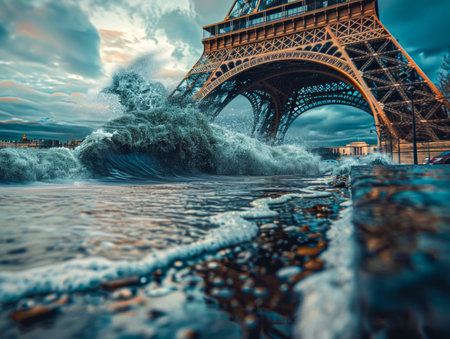 Amidst the iconic elegance of the Eiffel Tower, surreal skies swirl in mesmerizing hues, casting an ethereal glow upon the architectural marvel Below, raging waves crash against its base, creating a dramatic contrast between the serene heights and the untamed fury of nature This captivating image evokes a sense of awe and wonder, highlighting the interplay between the natural elements and the enduring legacy of human artistry AI Generativeの素材