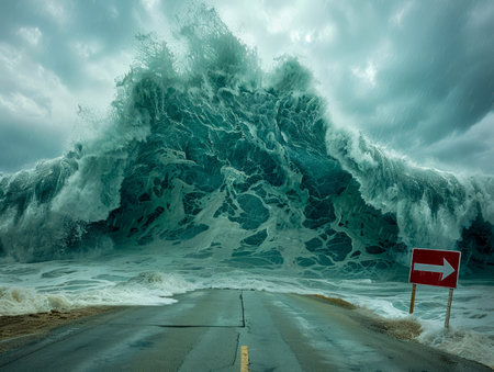 **Description:**

Amidst a tempestuous sky and raging waters, an enormous wave surges over a flooded roadway A lone red sign, ominously pointing right, warns of impending danger This evocative scene captures the perilous aftermath of a coastal storm, highlighting the need for urgent evacuation in such catastrophic events AI Generativeの素材