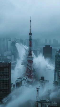 Amidst a misty cityscape, a towering edifice stands valiantly, yet engulfed by colossal waves The relentless waters surge and crash against its base, obscuring the structure in a mesmerizing display of nature&#39;s untamed fury As fog shrouds the scene, the lone tower becomes an island of resilience, battling against the relentless onslaught of the sea AI Generativeの素材