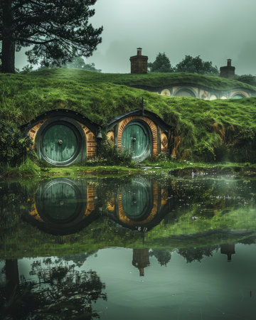 Immerse yourself in an ethereal wonderland, where hobbit houses peek out from lush greenery, mirrored in the tranquil depths of a serene pond Enveloped in a mystical fog, this landscape invites fantasy enthusiasts and nature lovers alike to lose themselves in its enchanting ambiance AI Generativeの素材
