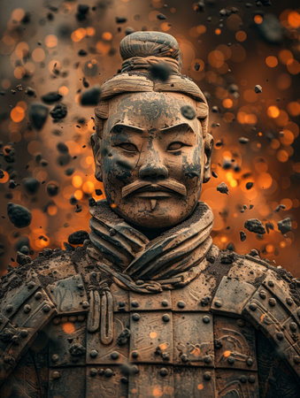 Behold the captivating remains of an intricate terracotta warrior sculpture amidst a fiery inferno Its ancient Chinese artistry explodes with dynamic sparks and stone fragments, evoking a mesmerizing tribute to historical craftsmanship AI Generativeの素材