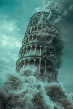 Behold the Leaning Tower of Pisa, defied by nature&#39;s relentless fury in a surreal storm Whipping waves surge towards the iconic tower, while towering clouds engulf it in a dramatic embrace Witness the architectural marvel stand sentinel against the tempestuous sea and the weight of the roiling sky, creating an awe-inspiring and otherworldly spectacle AI Generativeの素材