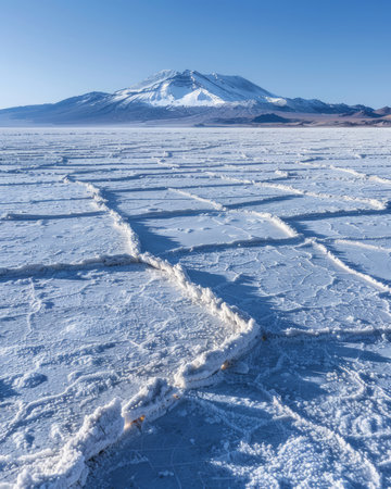 Panoramic vista of an untamed frozen wilderness, where vast ice sheets gleam under a clear azure sky Jagged, snow-capped mountains pierce the heavens, their peaks dusted with ethereal white The icy expanse stretches to the horizon, a pristine and awe-inspiring natural canvas untouched by human presence AI Generativeの素材
