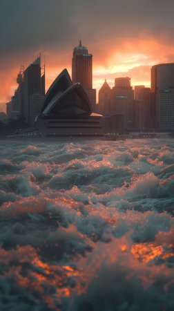 Captivating the essence of an urban dusk, this serene image captures the hypnotic dance between turbulent waves and the luminous glow of a city skyline As the sun descends, it paints the sky with mesmerizing hues, casting a warm embrace over the choppy waters and iconic architecture The scene unfurls like a dreamlike urban seascape, where the city&#39;s pulse is suspended in a moment of ethereal beauty AI Generativeの素材