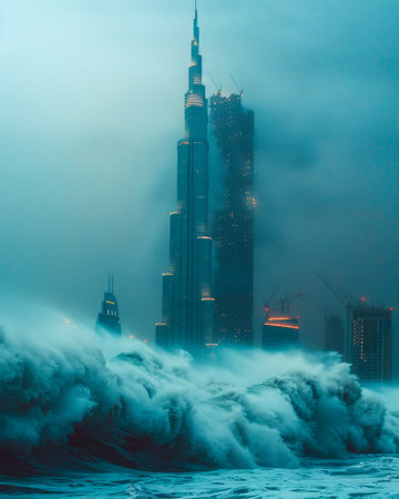 A lone skyscraper stands tall and defiant amidst a raging ocean storm Dark clouds swirl around the tower, casting an ominous shadow over the city below The waves crash violently against the building&#39;s base, sending sprays of water high into the air Despite the chaos, the skyscraper remains resolute, a symbol of strength and resilience against the forces of nature AI Generativeの素材