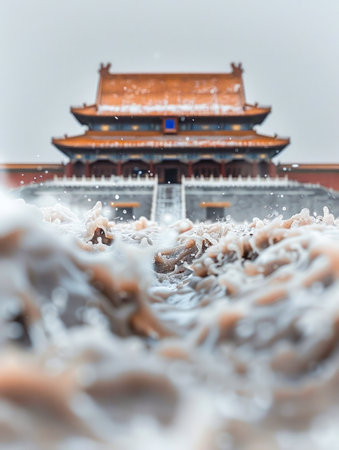 Behold this breathtaking winter panorama of a traditional Asian temple, where snowfall gently blankets the intricate architecture, highlighting its cultural significance The serene environment invites you to immerse yourself in the beauty of this ancient sanctuary, steeped in history and heritage AI Generativeの素材