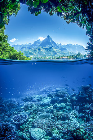 Immerse yourself in a mesmerizing paradise where breathtaking aerial vistas meet vibrant underwater realms Lush mountains emerge from crystal-clear ocean waters, painting a stunning backdrop for a pristine coral reef teeming with exotic marine life The vibrant greenery that surrounds this idyllic island completes the symphony of natural wonders, creating an unforgettable visual spectacle that will captivate your senses AI Generativeの素材