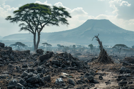 A desolate landscape serves as a stark reminder of environmental degradation and climate change Under a leaden sky, a single, gnarled tree stands as a poignant sentinel against the bleached earth and distant, hazy mountains Its bare branches reach out in vain towards a receding water source, symbolizing the dire consequences of unchecked exploitation and a warming planet AI Generativeの素材