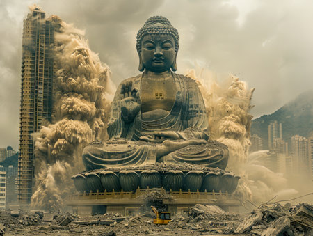 In an extraordinary metropolis, a colossal Buddha statue stands amidst a surreal blend of dust and demolition The ancient icon towers over towering structures, creating an enigmatic juxtaposition As the urban landscape undergoes transformation, the serene presence of the Buddha offers a poignant reminder of the enduring nature of spirituality Surreal dust swirls around the statue, lending an ethereal quality to the scene AI Generativeの素材